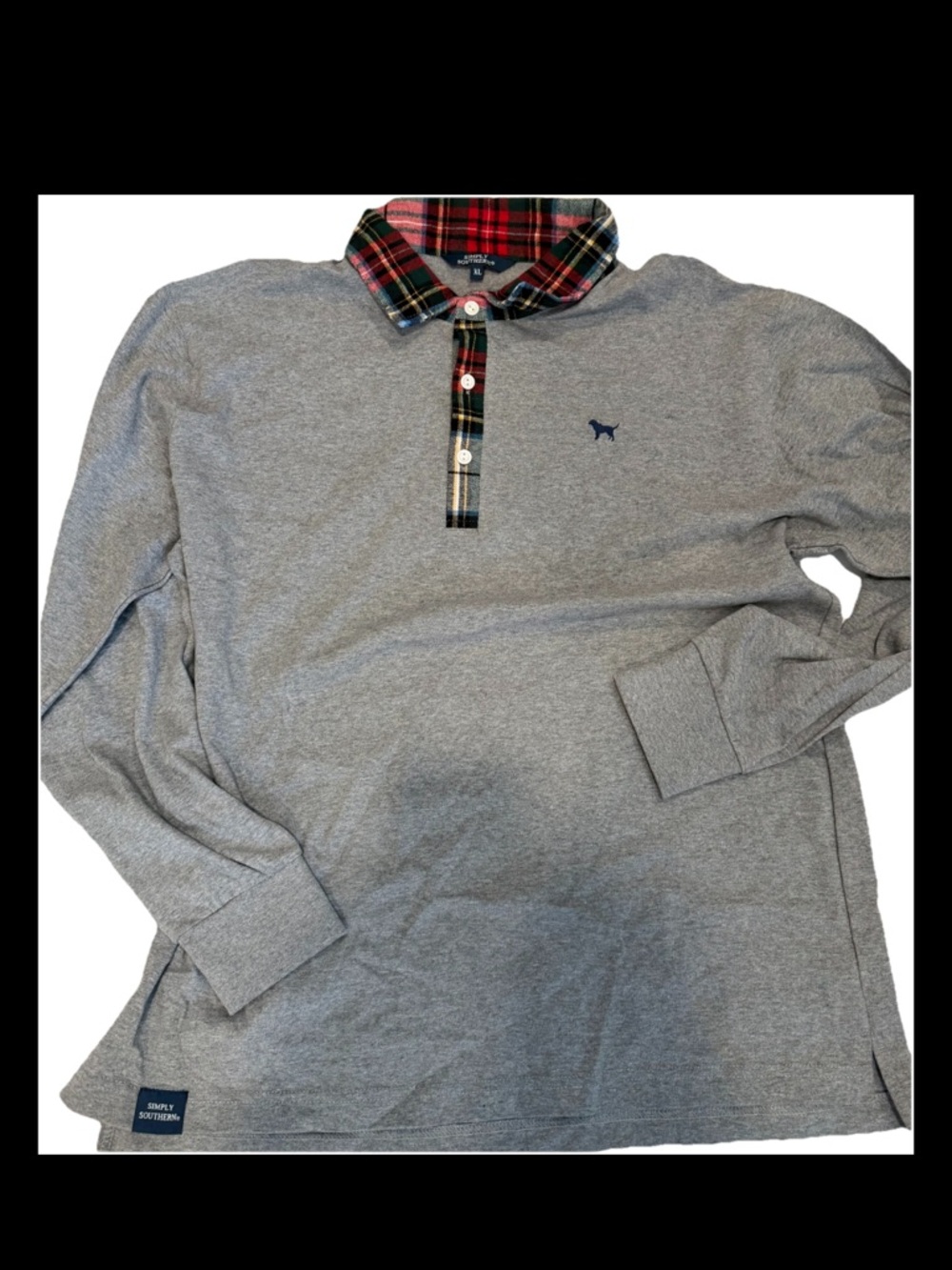 Simply Southern Long Sleeve Polo with Gray Body and Red Plaid Collar